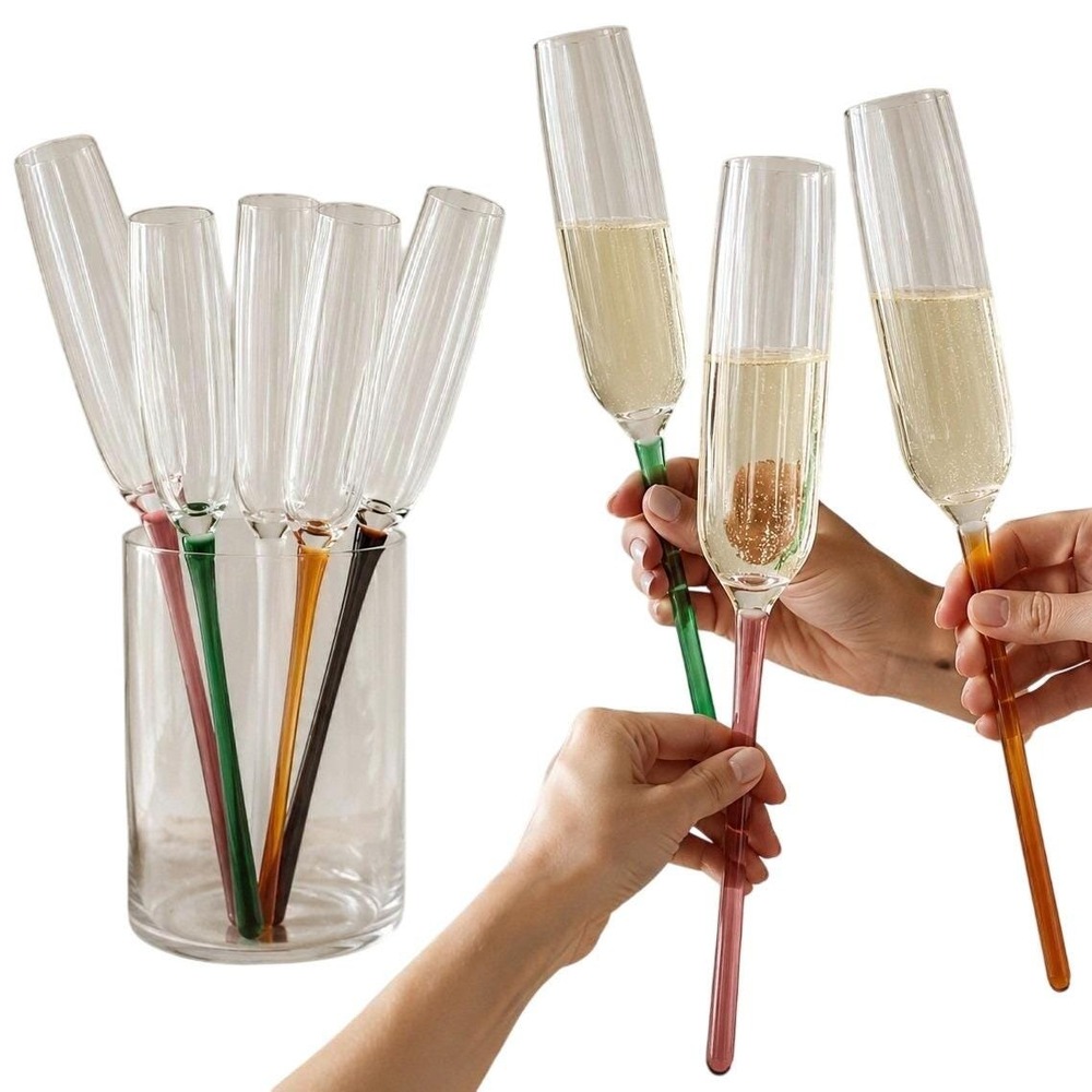 Vintage Set of 5 Handblown Glass Footless Champagne Flutes Colored Pointed Stems